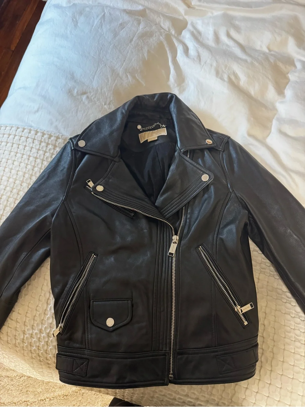 Michael Kors Black Leather Moto Jacket with Silver Hardware